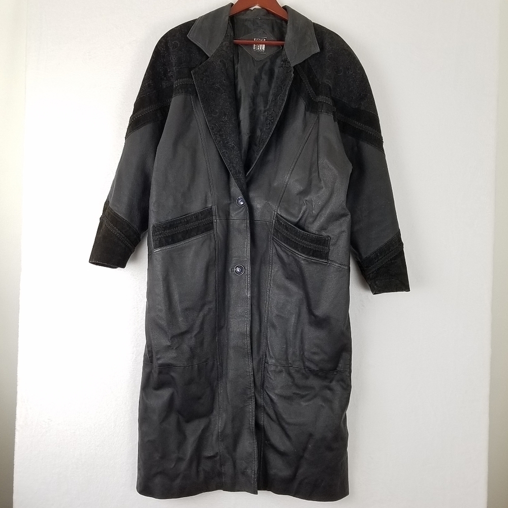 VINTAGE Greg Bell Leather Trench Coat Paisley Suede Accents